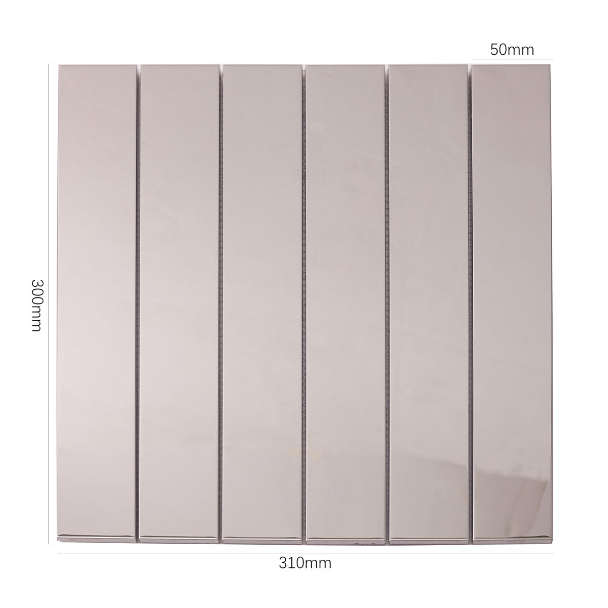 Mirrored Rectangle Strip Metal Silver Mosaic Tiles, displayed with size dimensions