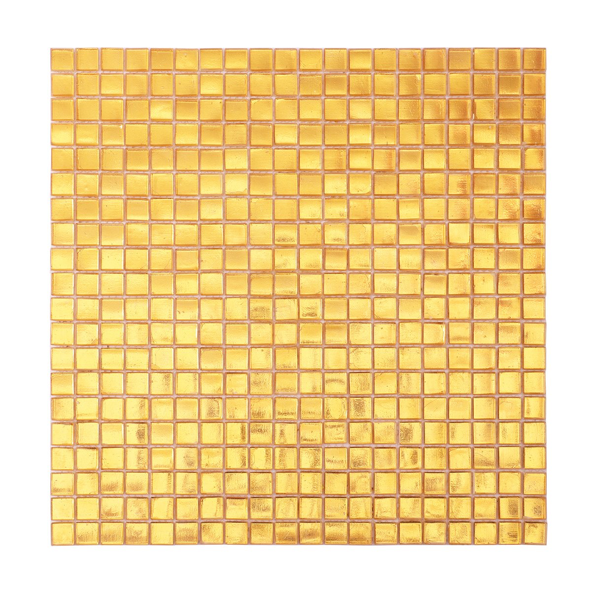 Glossy Gold Square Glass Mosaic Tile, obverse view, reflective and vibrant