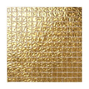 Glossy Gold Glass Uniform Square Mosaic Wall Tile, obverse side view, vibrant gold finish