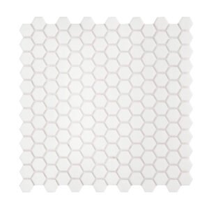 White Hexagon Glass Mosaic Tile, obverse view, smooth glossy finish, modern design