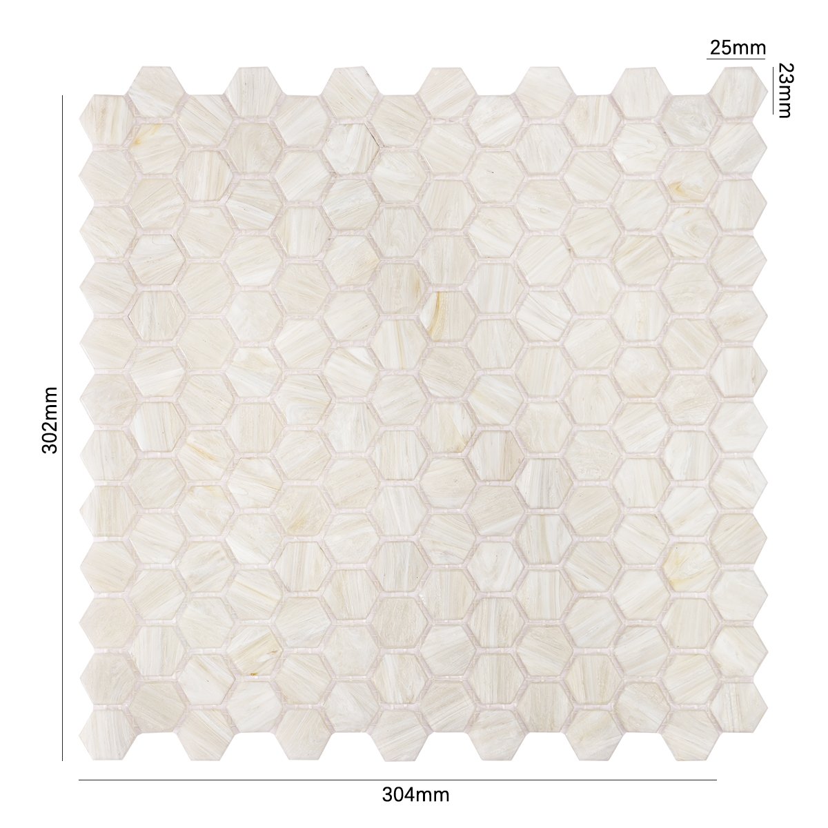 Hexagon Beige Glass Mosaic Wall Tile with size reference, modern and sleek design
