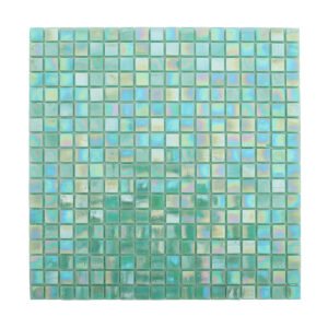 Front View of Iridescent Turquoise Glass Square Mosaic Light Green Floor Tile
