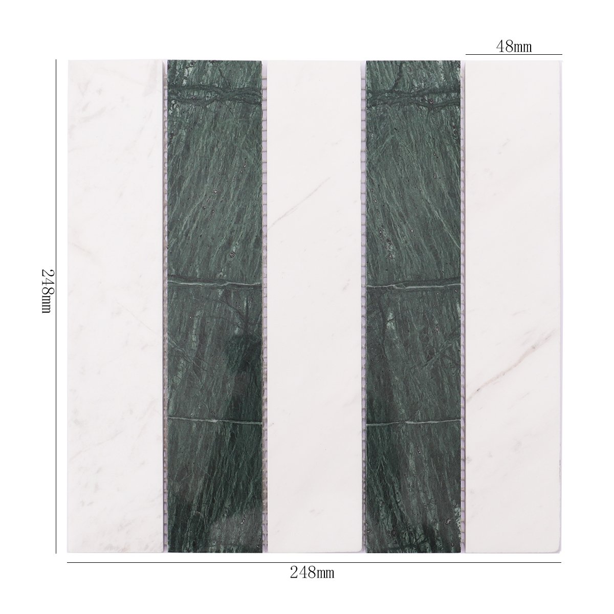 Size specifications for the green and white marble tile with dimensions shown