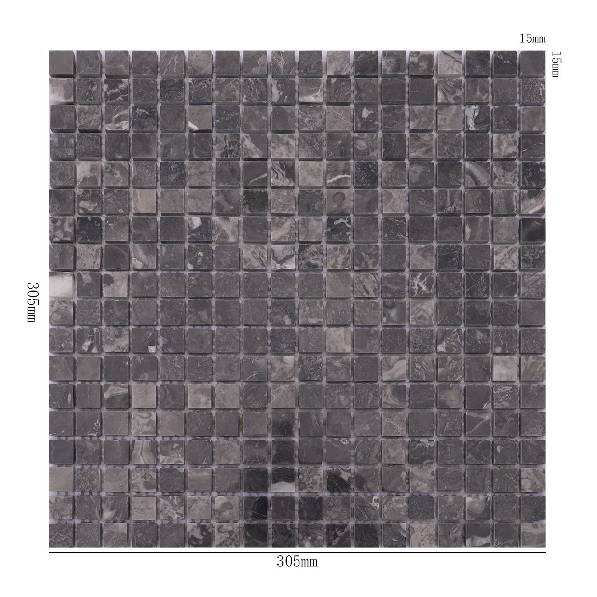 Dark gray square slate mosaic floor tile with dimensions shown