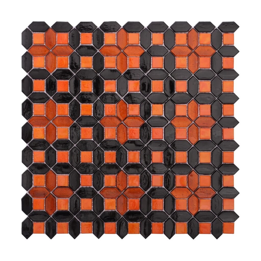 Mosaico de vidrio – negro / naranja, formato alargado, cuadrado, para salpicadero