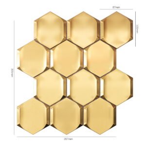 Piastrelle a mosaico in acciaio inossidabile – dorato, esagonale, 3D, grande formato, per pareti