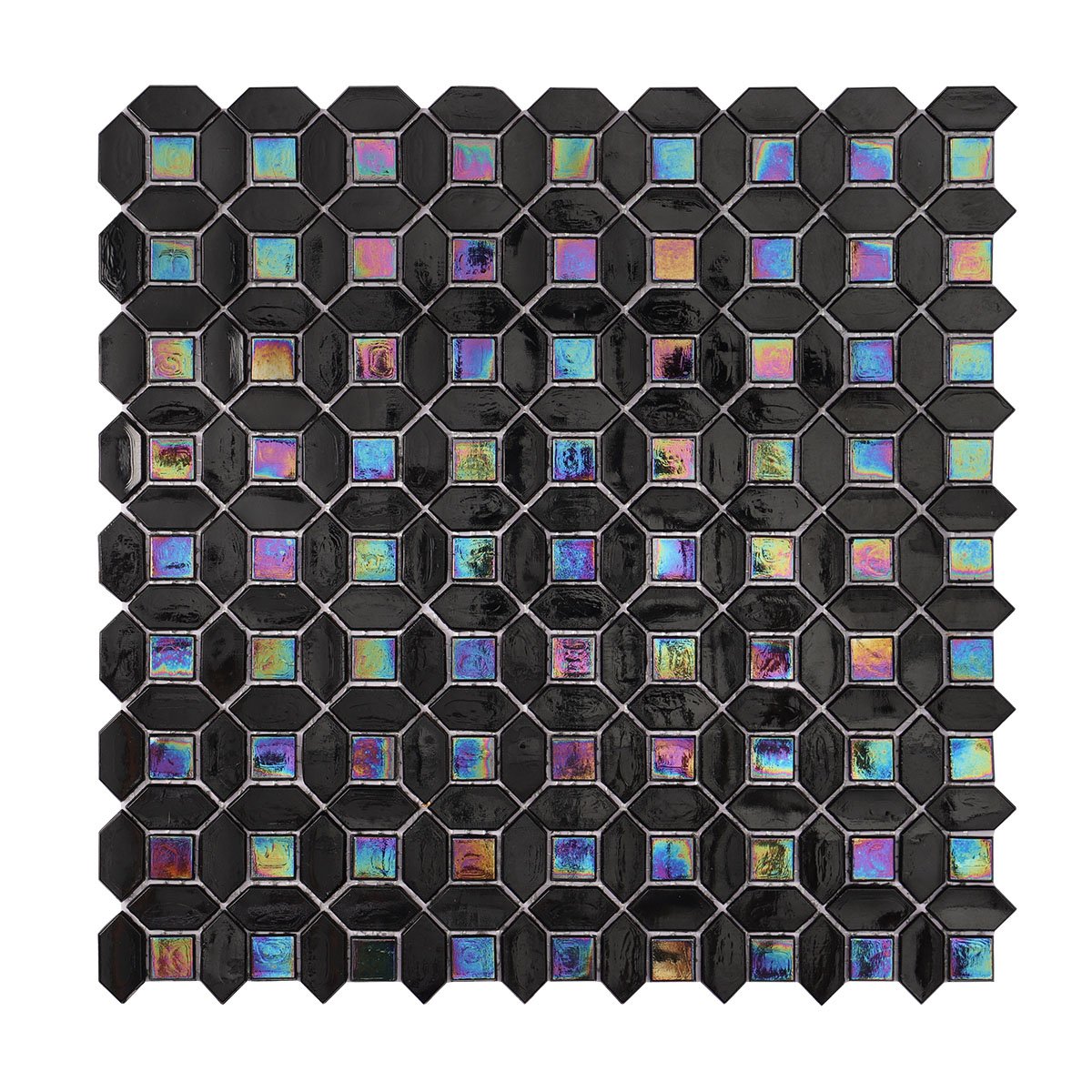 Obverse side of black mini picket and square iridescent glass mosaic tiles.