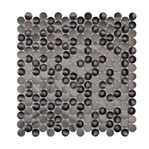 Obverse side of 3D black penny round metal mosaic tiles.