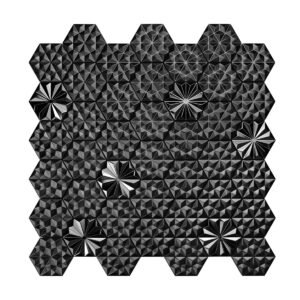 Obverse side of black metal 3D groutless hexagon mosaic tile in stainless steel.