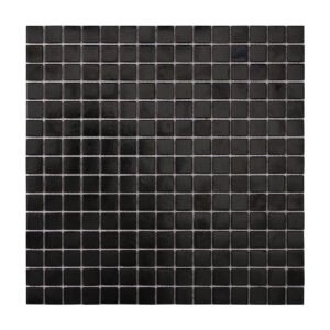 Obverse side of black fired earth glass square mosaic tiles 20mm x 20mm.