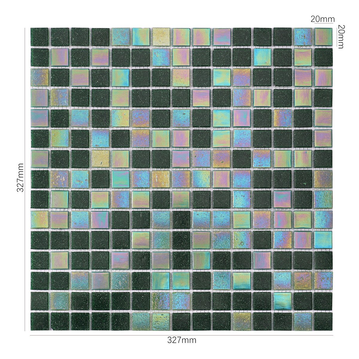 Obverse side of iridescent green square glass mosaic tiles, showing size