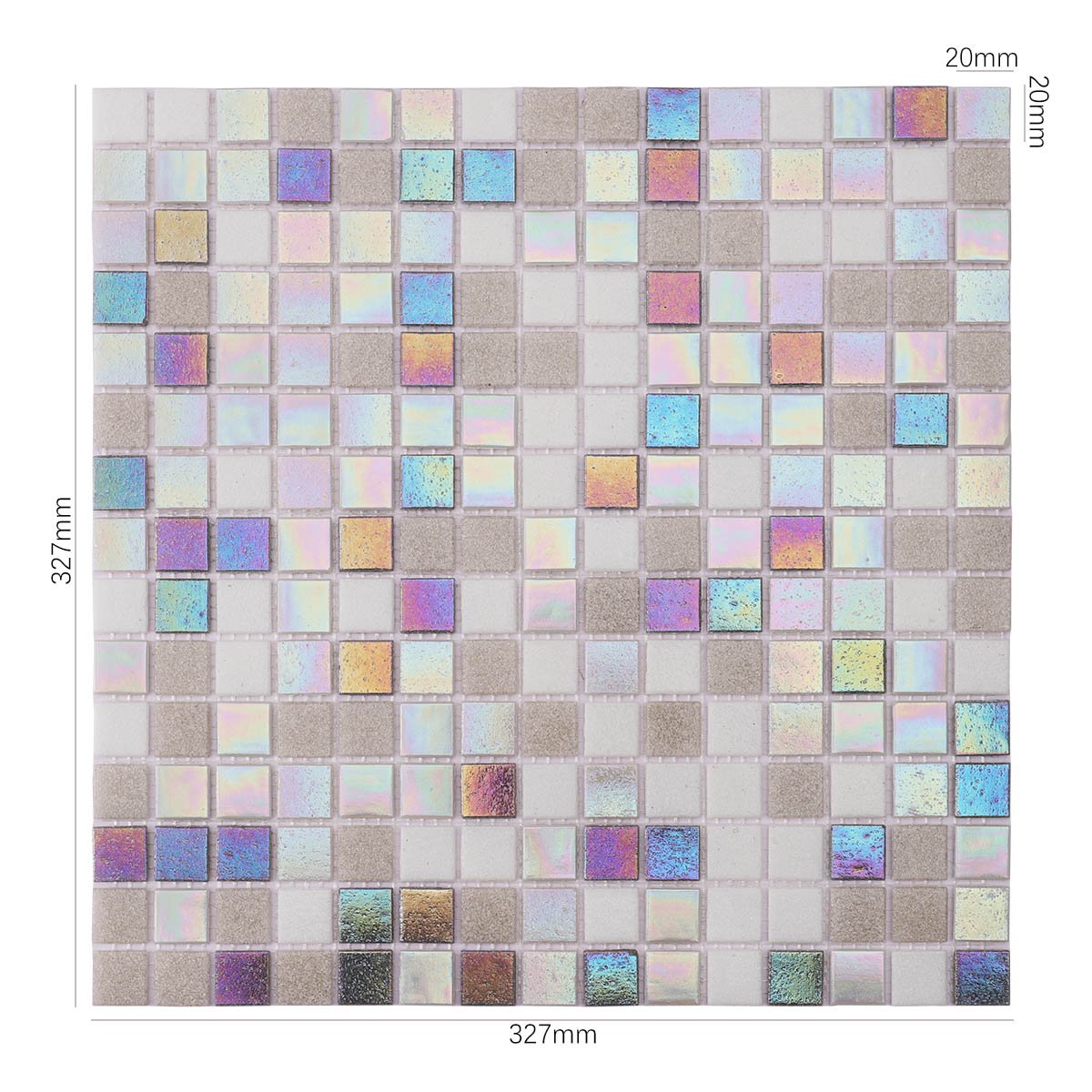 Obverse side of multicolor square glass mosaic tiles, showing size