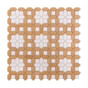 Obverse side of white and deep beige picket polished glass mosaic tiles