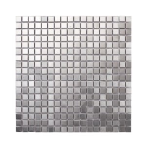 Front view of square silver stainless steel mosaic tiles.