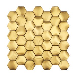 Obverse side of 3D gold stainless steel hexagon mosaic wall tiles.