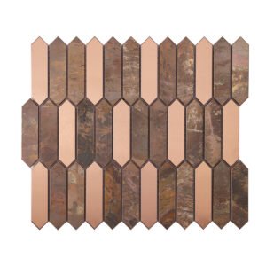 Obverse side of picket copper and stainless steel metal mosaic tiles.