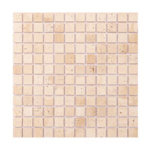 Obverse side of light honed square mosaic travertine.