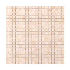 Obverse side of Crema Marfil polished marble mosaic tiles.