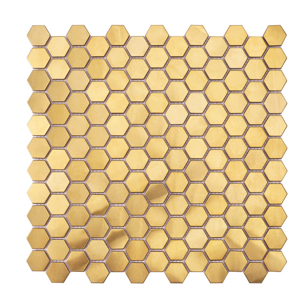 Piastrelle a mosaico in acciaio inossidabile – dorato, esagonale, spazzolato, a specchio