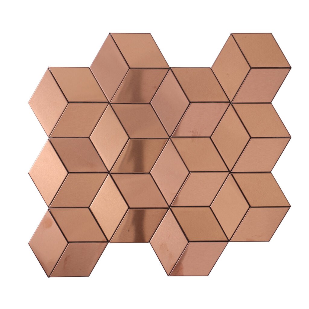 Roségullfarget 3D-mosaikkflis i metall med kubemønster