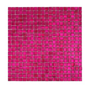 Obverse side of dark pink foil glossy square glass mosaic tiles.