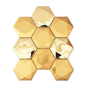 Obverse side of big hexagon 3D gold stainless steel metal mosaic tiles.