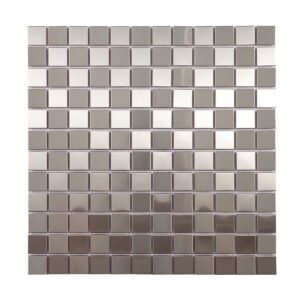 Obverse side of silver brushed stainless steel square mosaic tiles
