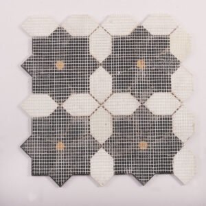 Marmormosaikfliesen – Weiß / Schwarz, Blumenmuster – BJ-DE64666D93D4