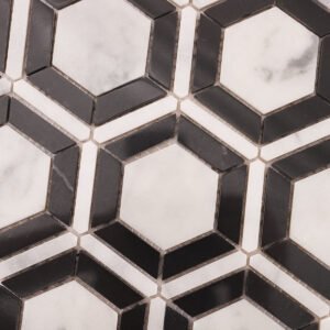 Marmormosaikfliesen – Carrara, Weiß / Schwarz, Sechsecke, geometrisches Muster