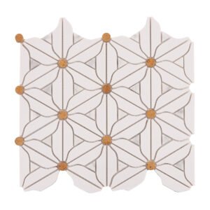 Obverse side of white floral marble mosaic tiles
