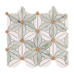 Obverse side of black and white flower marble mosaic tiles.