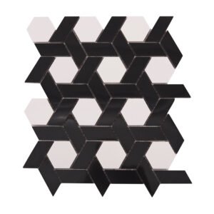 Obverse side of white and black lattice pattern natural stone mosaic tiles.