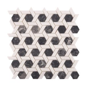 Obverse side of gray and white hexagonal lattice marble mosaic tiles