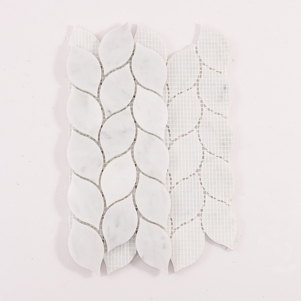 Back side of Carrara white leaf marble mosaic tiles, folded