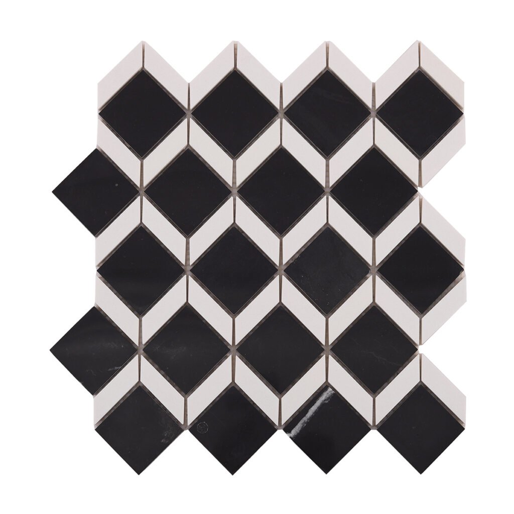 Marmormosaikfliesen – Weiß / Schwarz, Quadrate, geometrisches Muster – BJ-0400B6E1E66F