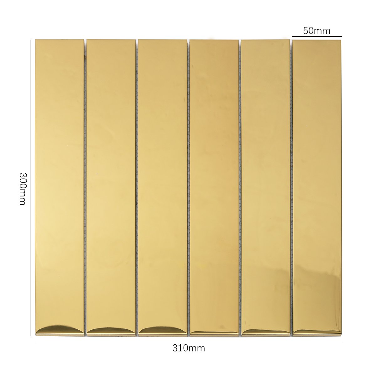 Gold Mirror Brick Metal Mosaic Tiles, displayed with size dimensions