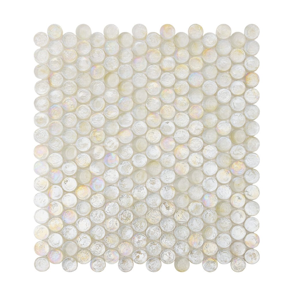 Piastrelle a mosaico in vetro – bianco, tondo piccolo, rotondo, iridescente