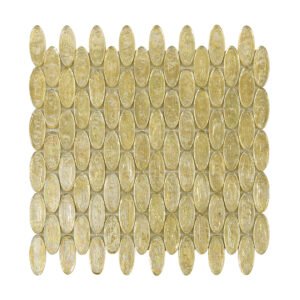 Gold Foil Oval Glass Mosaic Tile, obverse side view, showing shiny gold foil surface
