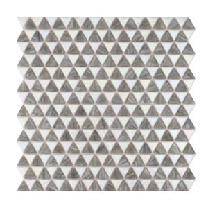 Gray and White Glass Triangle Mosaic Tile, obverse view, smooth and glossy finish