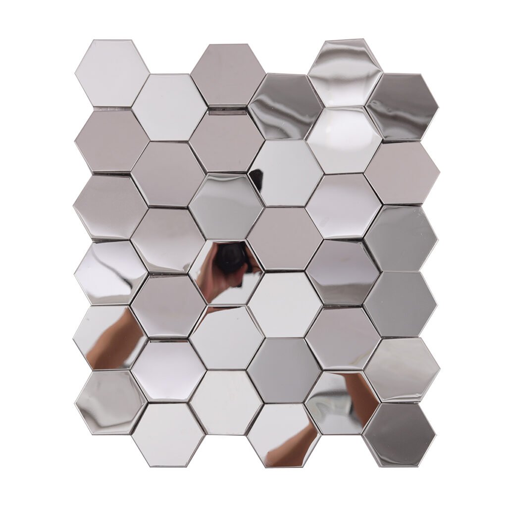 Silverfärgad sexkantig 3D-mosaikplatta i rostfritt stål med spegelfinish för vägg