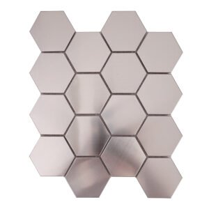 Front View of Honeycomb Hexagon Silver Stainless Steel Brushed Metal Mosaic Tile