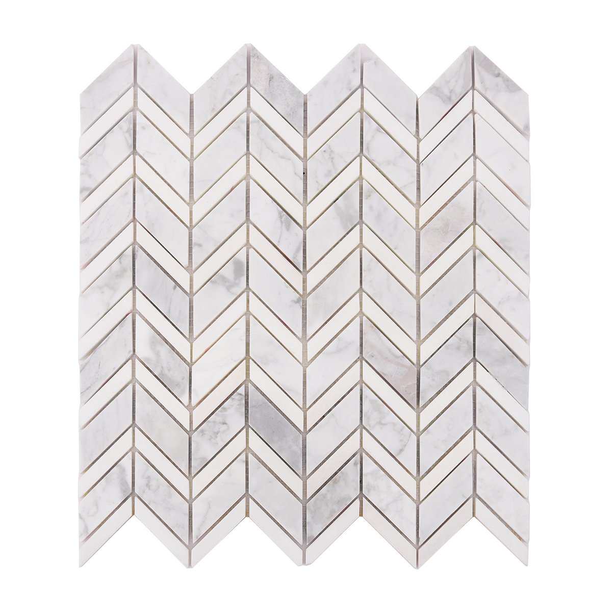 Front View of Carrara White Marble Herringbone Mosaic Tile