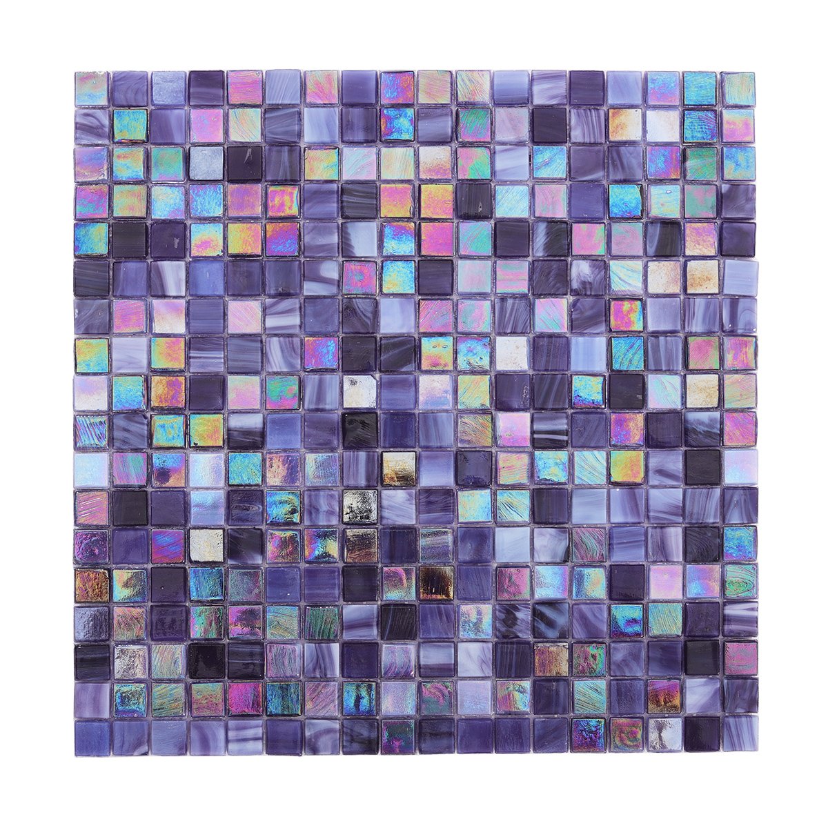 Front View of Violet Iridescent Deep Purple Square Glass Mosaic Tiles