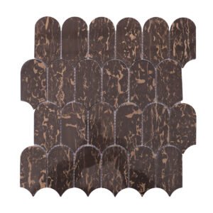 Full product view of dark marble mosaic tile with scallop shape and gold veins