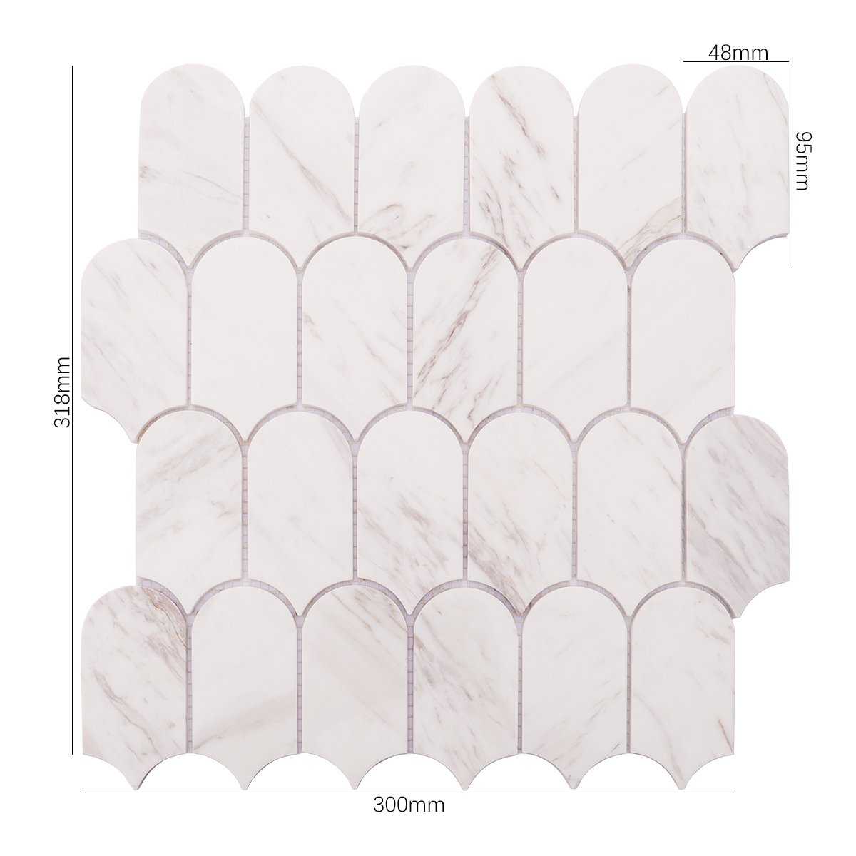 White marble mosaic tile with scallop shape, dimensions marked for reference
