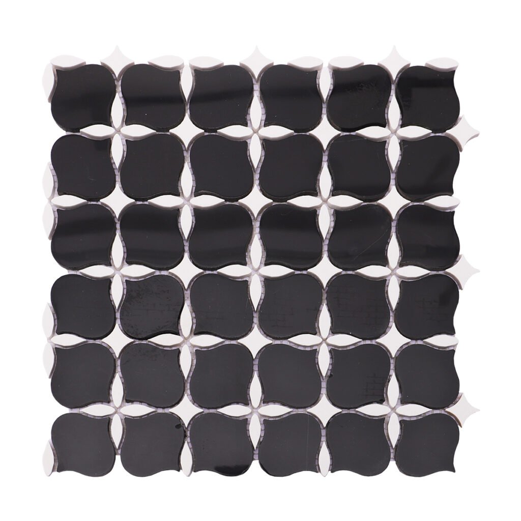 Marmormosaikfliesen – Weiß / Schwarz, Blumenmuster – BJ-BA448F5BE7DF