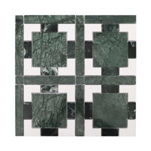 Full view of geometric pattern stone mosaic with vibrant green and white color contrast