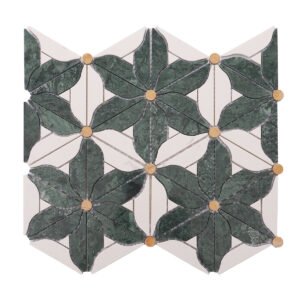Full view of the green and white marble flower mosaic tiles