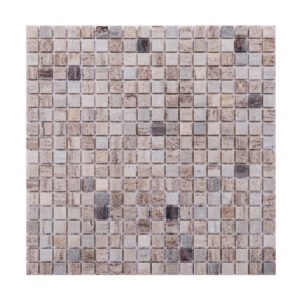 Full view of gray wooden square honed marble mosaic tiles