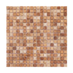 Full view of light brown square wooden marble mosaic tiles.